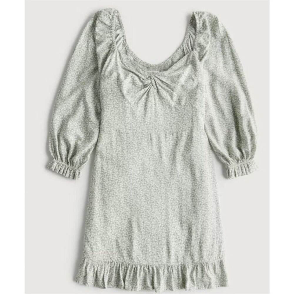 NWT HOLLISTER Green Ditsy Floral Twisted Neck Smocked Back Mini Dress Size XS